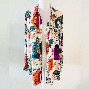 100% Rayon Blouse | Colorful Art Print Top | Size Large